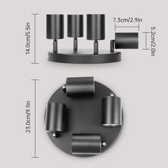 Black wall-mounted light fixture with dimensions indicated on a gray background