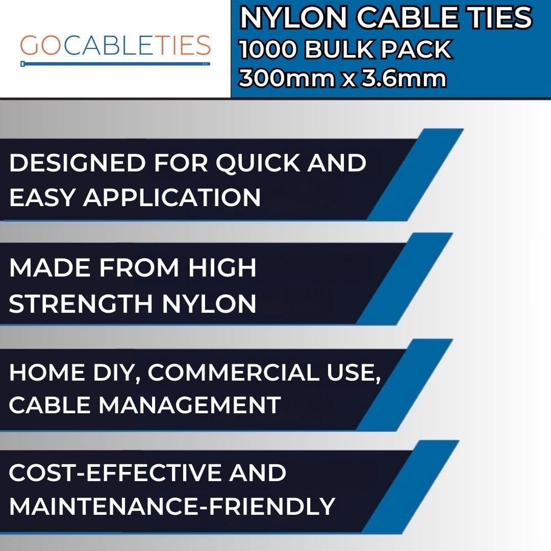 Gocableties Purple Cable Ties, 300mm x 3.6mm, Bulk Pack of 1000, 12” Premium Nylon Zip Ties, Multi-Purpose Plastic Tie Wraps, Secure Self-Locking Mechanism, for Home, Garden, Office and DIY
