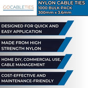Gocableties Purple Cable Ties, 300mm x 3.6mm, Bulk Pack of 1000, 12” Premium Nylon Zip Ties, Multi-Purpose Plastic Tie Wraps, Secure Self-Locking Mechanism, for Home, Garden, Office and DIY