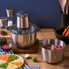 Bear 600W Food Processor & Chopper, 2L Glass + 1.8L Steel Bowl, 2 Speeds, 4 Blades