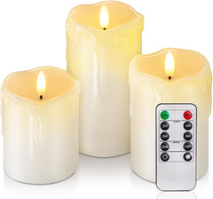 Dripping Wax Flameless Candles, Battery Operated Candles with Remote Control and Timers, LED Pillar Candles, Electric Fake Candles, 3