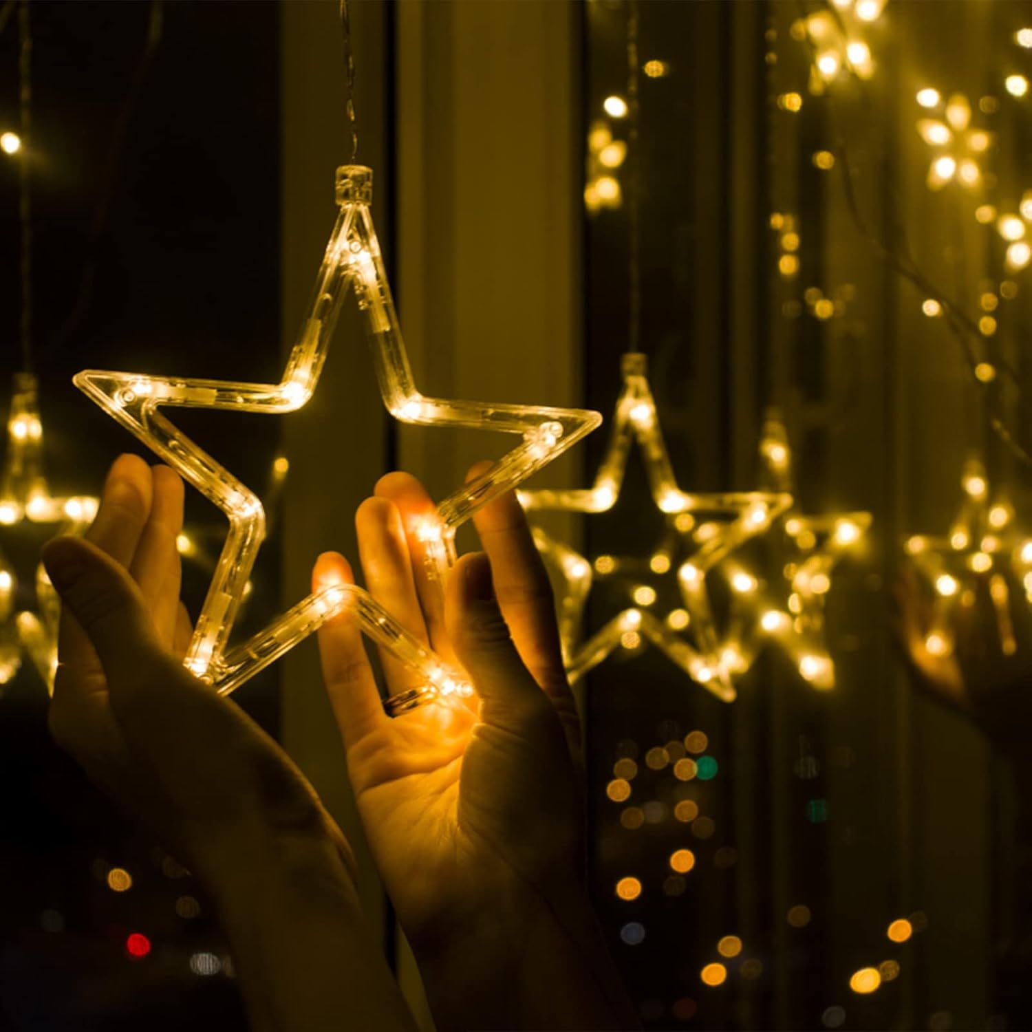 Jsdoin 12 Stars LED Curtain Lights – 138 Warm White String Lights for Christmas Decor