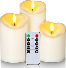 Waterproof Flickering Flameless Candles, Outdoor Battery Operated LED Pillar Candles with Remote Control Timer, Electric Fake Plastic Candles, Ivory, Set of 3