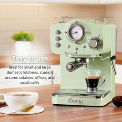 Retro Espresso Coffee Machine with Milk Frother, 15 Bar Pump Pressure, Steam Control, 1.2L Detachable Water Tank, Self-Priming System, ESE Pod Compatible, 1100W –Retro Green
