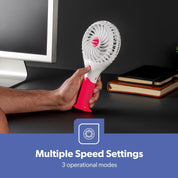 GEEPAS Rechargeable Fan | Mini Portable USB Handheld Fan for Home Office Travel Outdoor Personal Use | 3 Speed Settings 8H Run Time Ultra Quiet Lightweight Air Circulator | 2 Year Warranty Pink