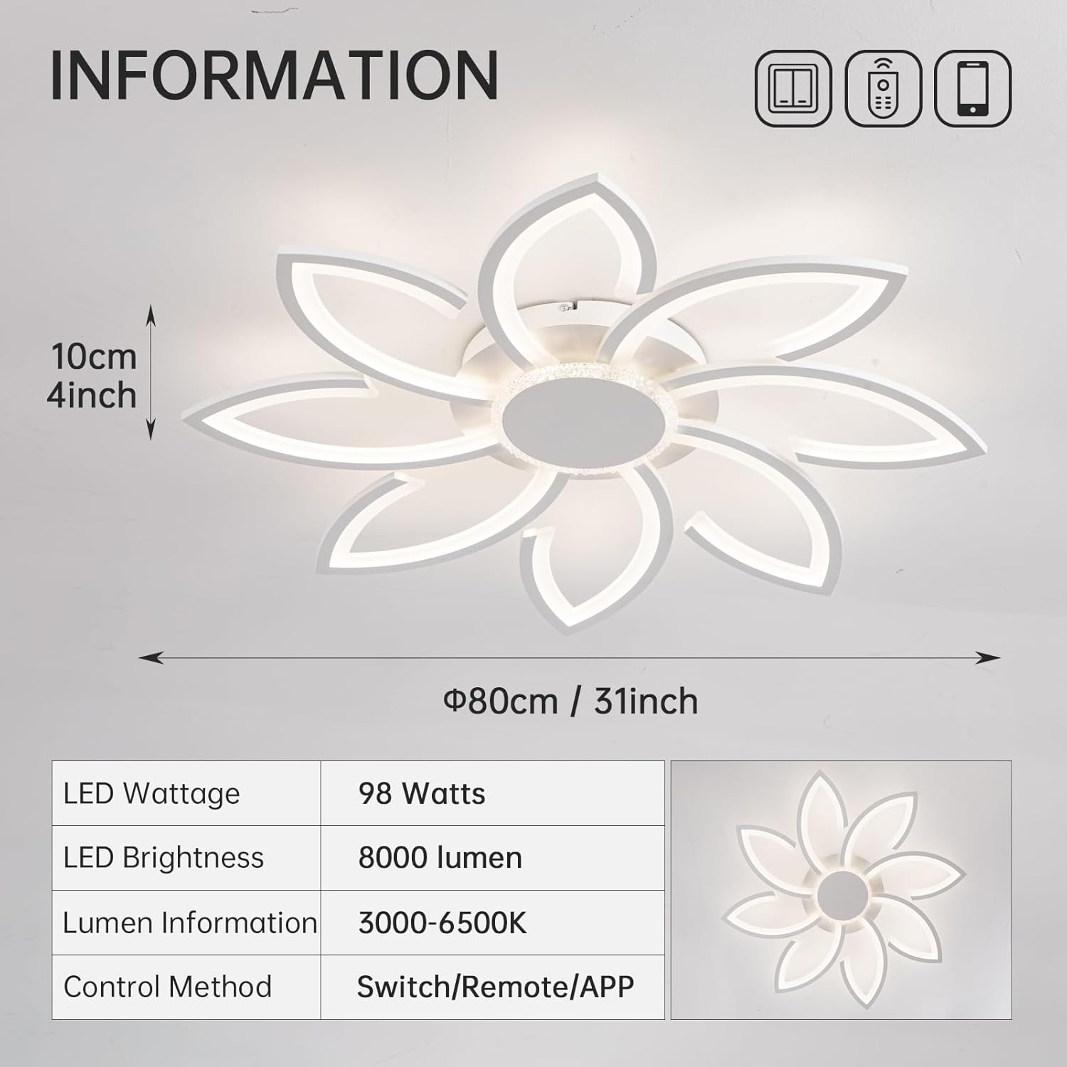 LED Ceiling Light with Remote Control – 31.5" Flower Shape Chandelier, 98W 8000LM, Dimmable (3000K–6500K), Modern Ceiling Lighting for Living Room, White