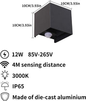 Outdoor Wall Lights with Motion Sensor 2 Pack, 12W Up Down PIR Lights, 3000K Warm White, IP65 Waterproof Black LED Wall Sconce for Front Door