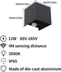 Outdoor Wall Lights with Motion Sensor 2 Pack, 12W Up Down PIR Lights, 3000K Warm White, IP65 Waterproof Black LED Wall Sconce for Front Door