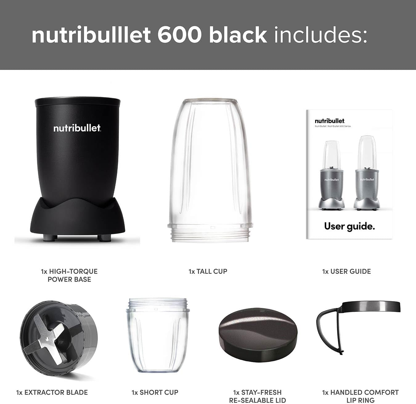 Blender 600 Series 7 Piece Kit Black – 600W Personal Smoothie Maker with 20,000 RPM Power Base, Blends Frozen Fruit, Nuts & Ice – Includes Tall & Short Cups, Handled Ring & Lid
