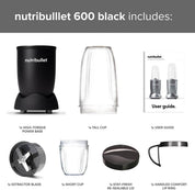 Blender 600 Series 7 Piece Kit Black – 600W Personal Smoothie Maker with 20,000 RPM Power Base, Blends Frozen Fruit, Nuts & Ice – Includes Tall & Short Cups, Handled Ring & Lid