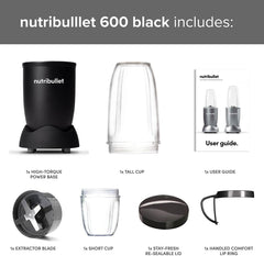 Blender 600 Series 7 Piece Kit Black – 600W Personal Smoothie Maker with 20,000 RPM Power Base, Blends Frozen Fruit, Nuts & Ice – Includes Tall & Short Cups, Handled Ring & Lid