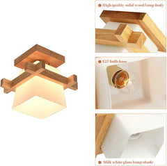 Wood Ceiling Light, Simple Japanese Tatami Style E27 Wooden Lamp with Glass Shade, Modern Ceiling Light Fixture for Hallway, Porch, Balcony, and Bedroom