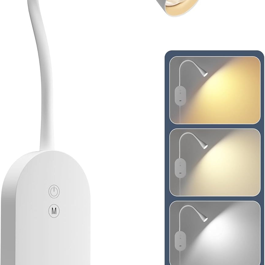 White LED reading lamp with flexible neck and packaging showing different light settings.