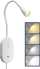 White LED reading lamp with flexible neck and packaging showing different light settings.