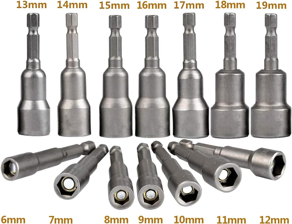 14 Pcs Magnetic Hexagon Socket, 6-19mm Hex Shank Magnetic Nut Setter Driver, Hex Drill Bits,1/4 Inch Magnetic Drill Bit Set, Used to Electric Screwdriver Handle Tools