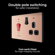 BG Electrical Cooker Switch with Socket and LED, Cooker Control Unit, Control Socket, Double Pole, Screwless Front Plate, Evolve, Polished Copper, 45A, PCDCP70B