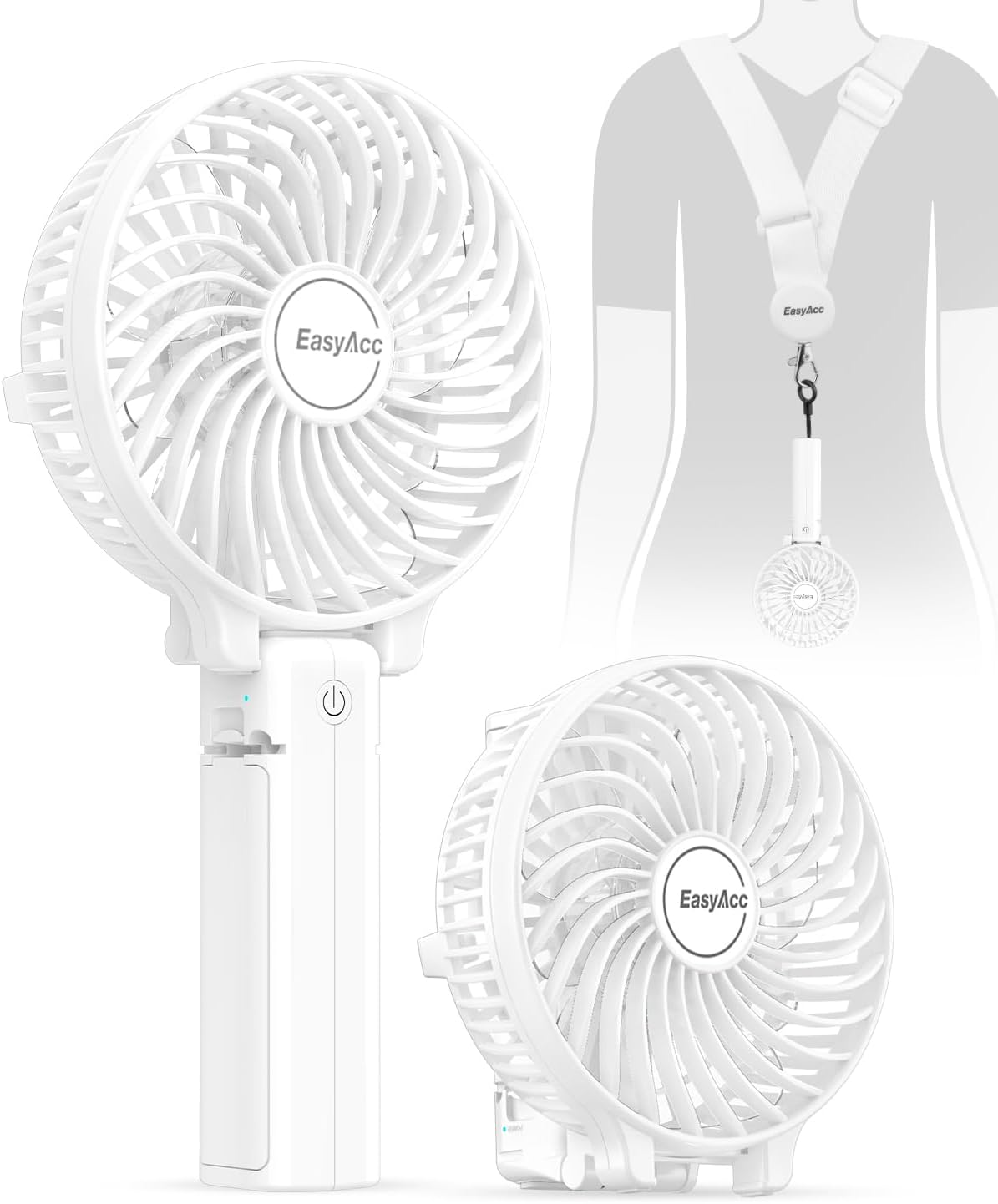 EasyAcc Handheld Fan USB Fans Portable Hand Fan 3 Speeds 180° Foldable with 6 Blades Personal Electric Mini Outdoor Fan with Rechargeable Battery Foldable Handle Desktop for Home Travel Outdoor- White