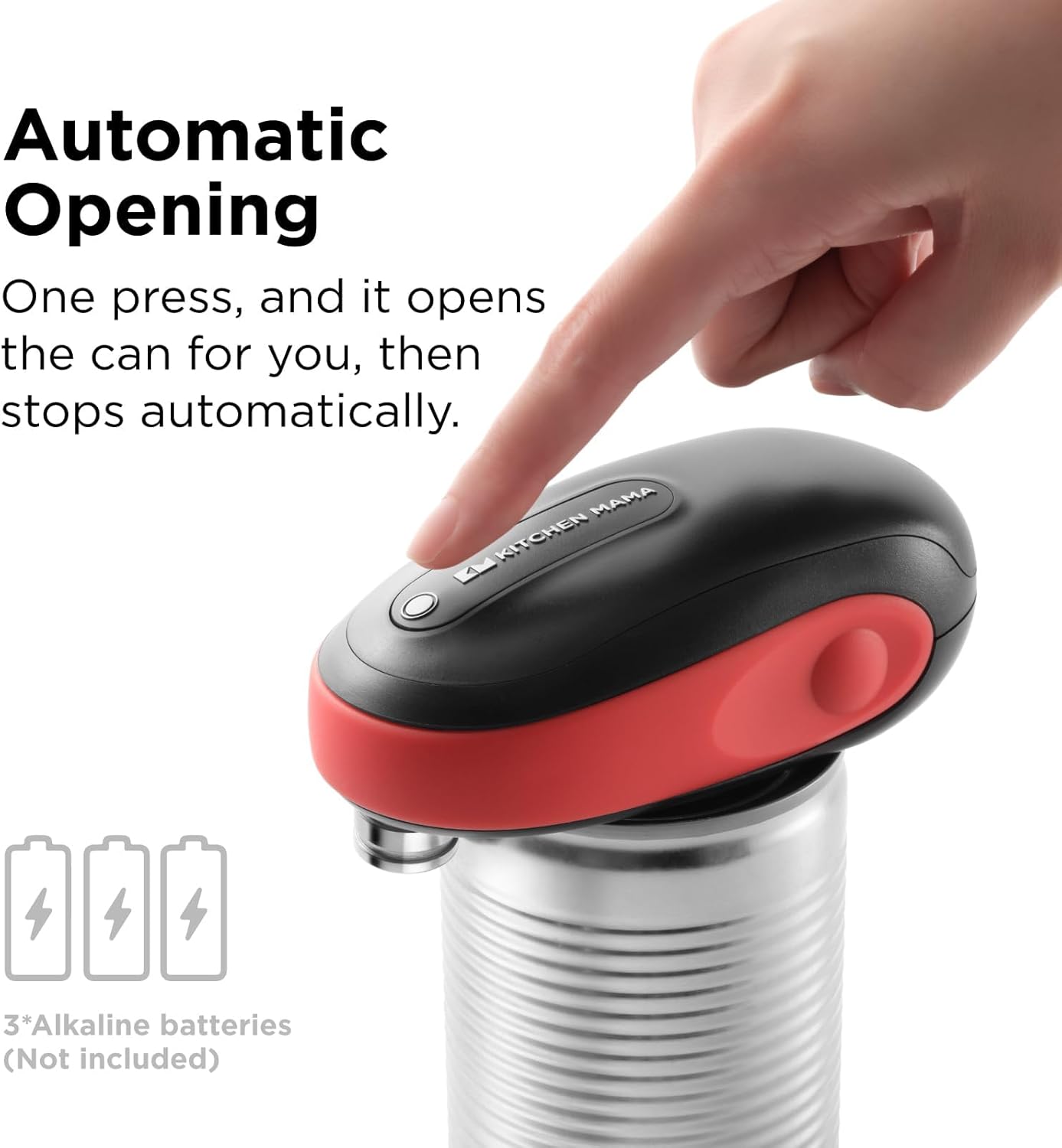 Kitchen Mama One-to-Go Electric Can Opener – One-Touch, Auto Detect & Stop, Smooth Edge, Lid Lift, Battery Operated (Red)