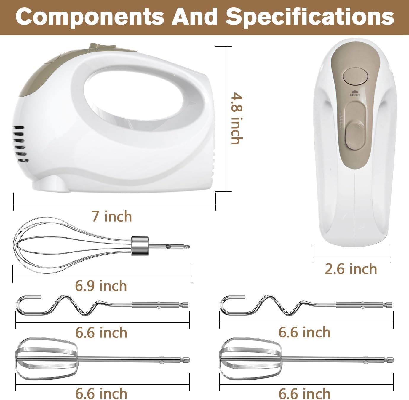 Hand Electric Mixer 180W – 5-Speed Handheld Beater with Turbo, Eject Button & 5 Stainless Steel Attachments for Baking, Cake & Dough