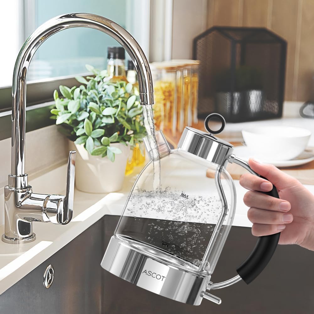 1.5L Glass Electric Kettle – Borosilicate Tea Heater & Hot Water Boiler, Auto Shut-Off & Boil-Dry Protection – Silver