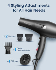 Professional Ionic Hair Dryer – Fast Drying, 2 Speed 3 Heat, Diffuser & Nozzle Set
