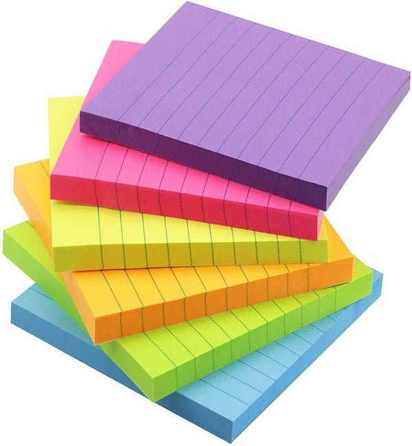 3x3 Lined Sticky Notes, 6 Bright Colors, 6 Pads Pack, 100 Sheets Each