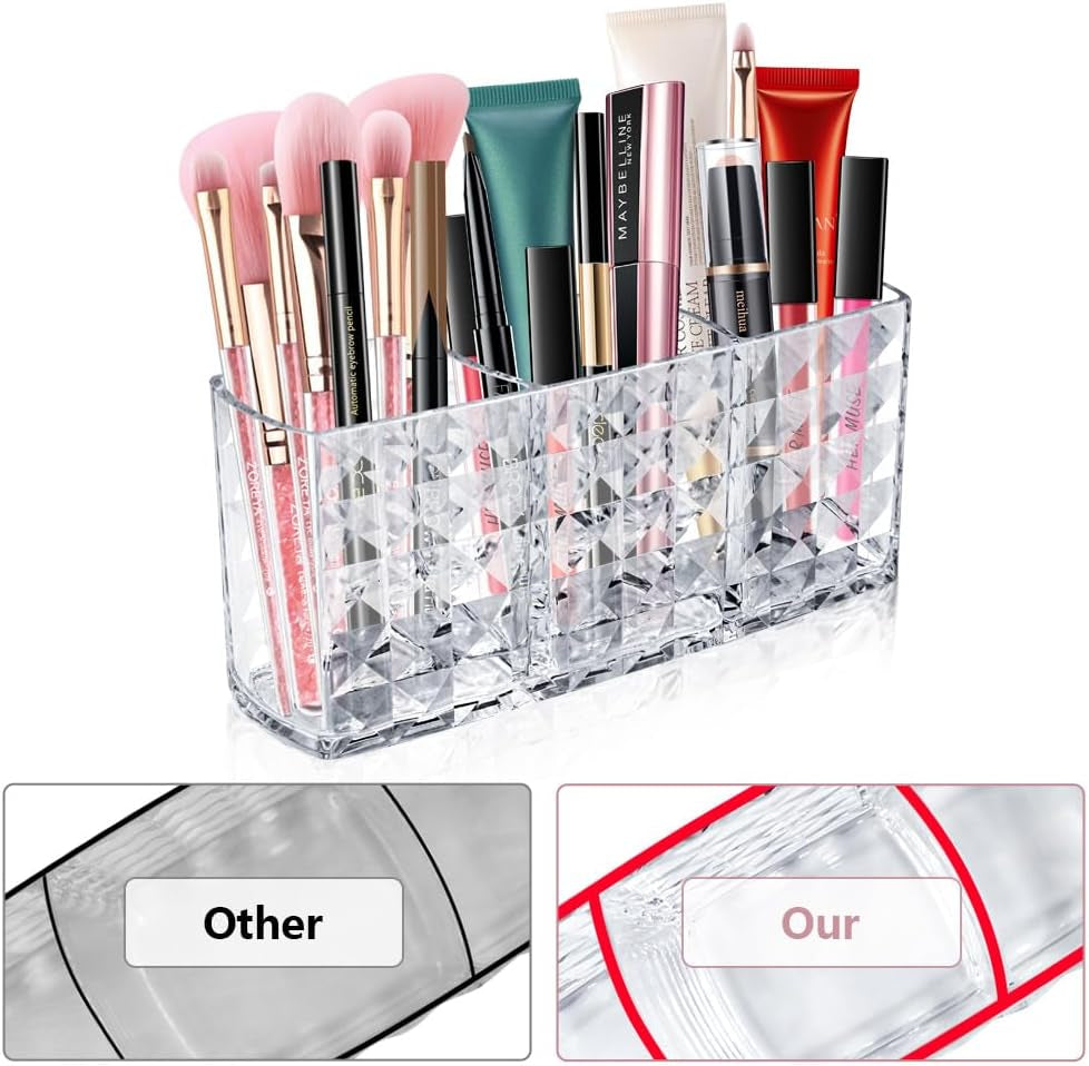 3-Compartment Crystal Cosmetic Organizer – Acrylic Makeup Brush & Lipstick Holder
