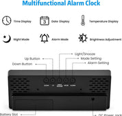 Mains Powered LED Digital Alarm Clock – Time, Date, Temperature, Snooze, Adjustable Brightness