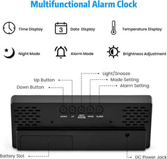 Mains Powered LED Digital Alarm Clock – Time, Date, Temperature, Snooze, Adjustable Brightness