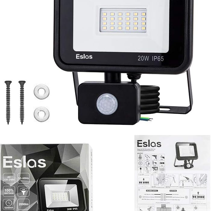 Eslos LED flood light with motion sensor, packaging, and installation parts on a white background