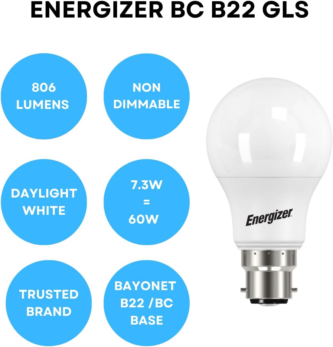 60W Equivalent B22 LED Bulbs Daylight White 6500K – Pack of 5