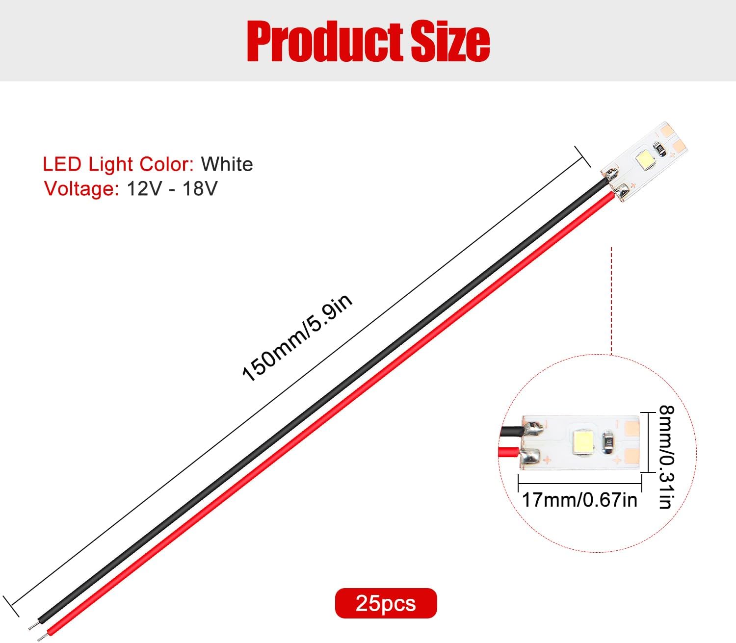 25 PCS 17mm Prewired LED Strip Lights 2835 SMD 12V–18V White Flexible