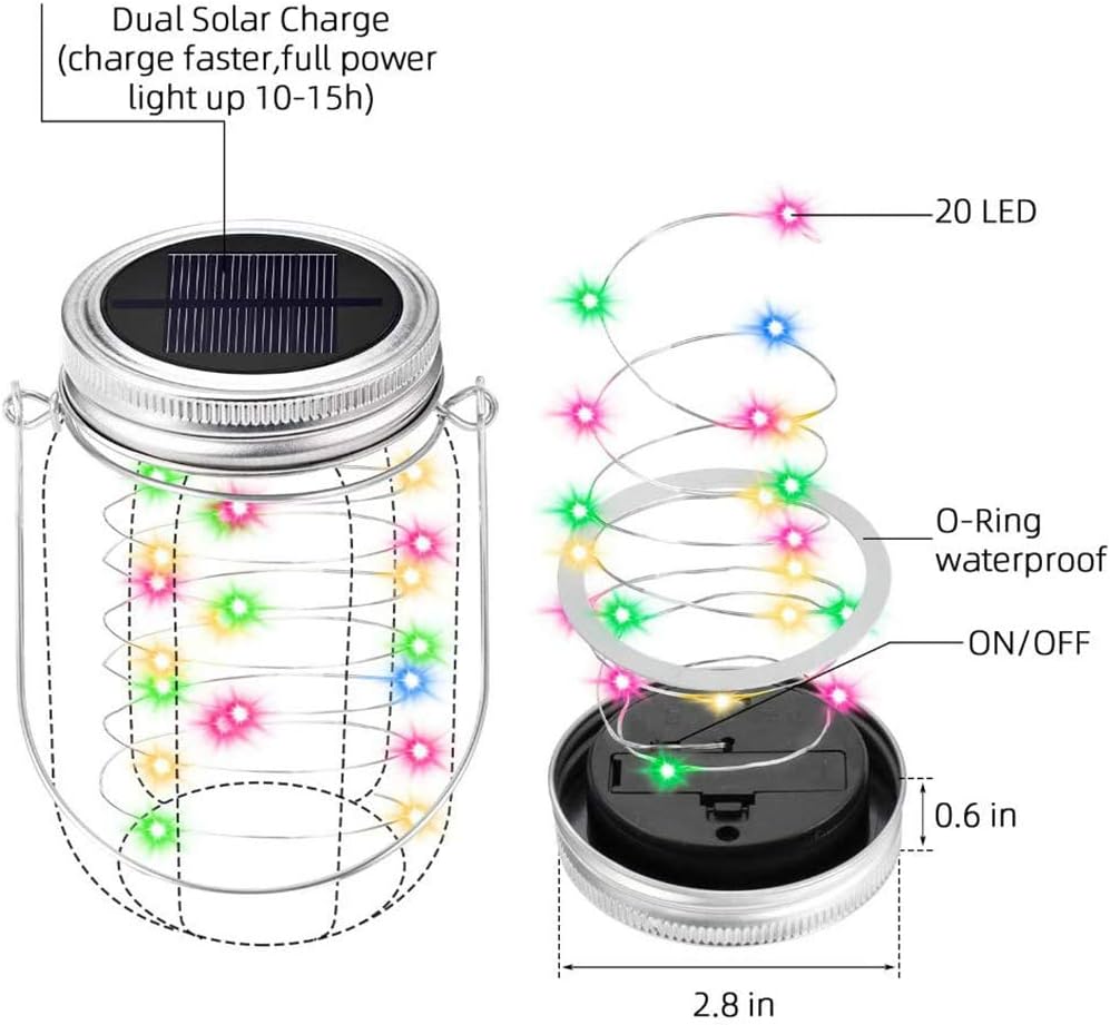 Solar Mason Jar Lights – 6 Pack, 20 LED Fairy Firefly Lights with Lids and Hangers (Jars Not Included), Ideal for Patio, Garden, Yard, and Lawn Decor (Silver)