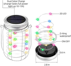 Solar Mason Jar Lights – 6 Pack, 20 LED Fairy Firefly Lights with Lids and Hangers (Jars Not Included), Ideal for Patio, Garden, Yard, and Lawn Decor (Silver)