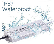 Waterproof electronic component with water splashes and 'IP67 Waterproof' text on a white background