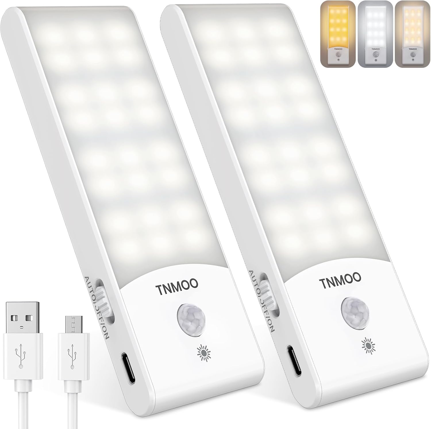 Two TNMOO motion sensor lights with a USB cable on a white background