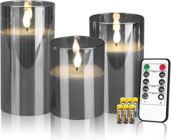 Set of 3 LED Flameless Pillar Candles – Realistic 3D Flame, Remote Controlled, Battery Operated (Grey)