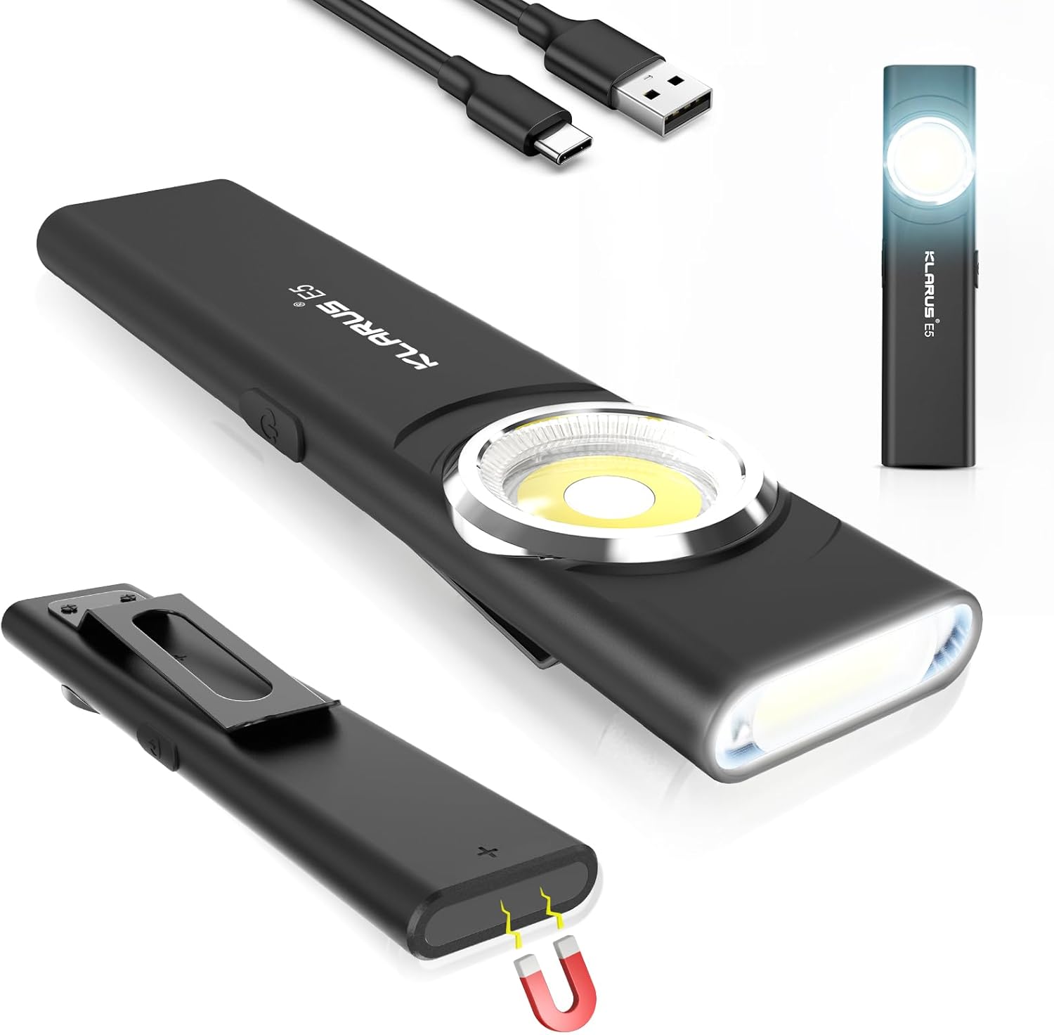 Black magnifying glass with light and USB cable on a white background