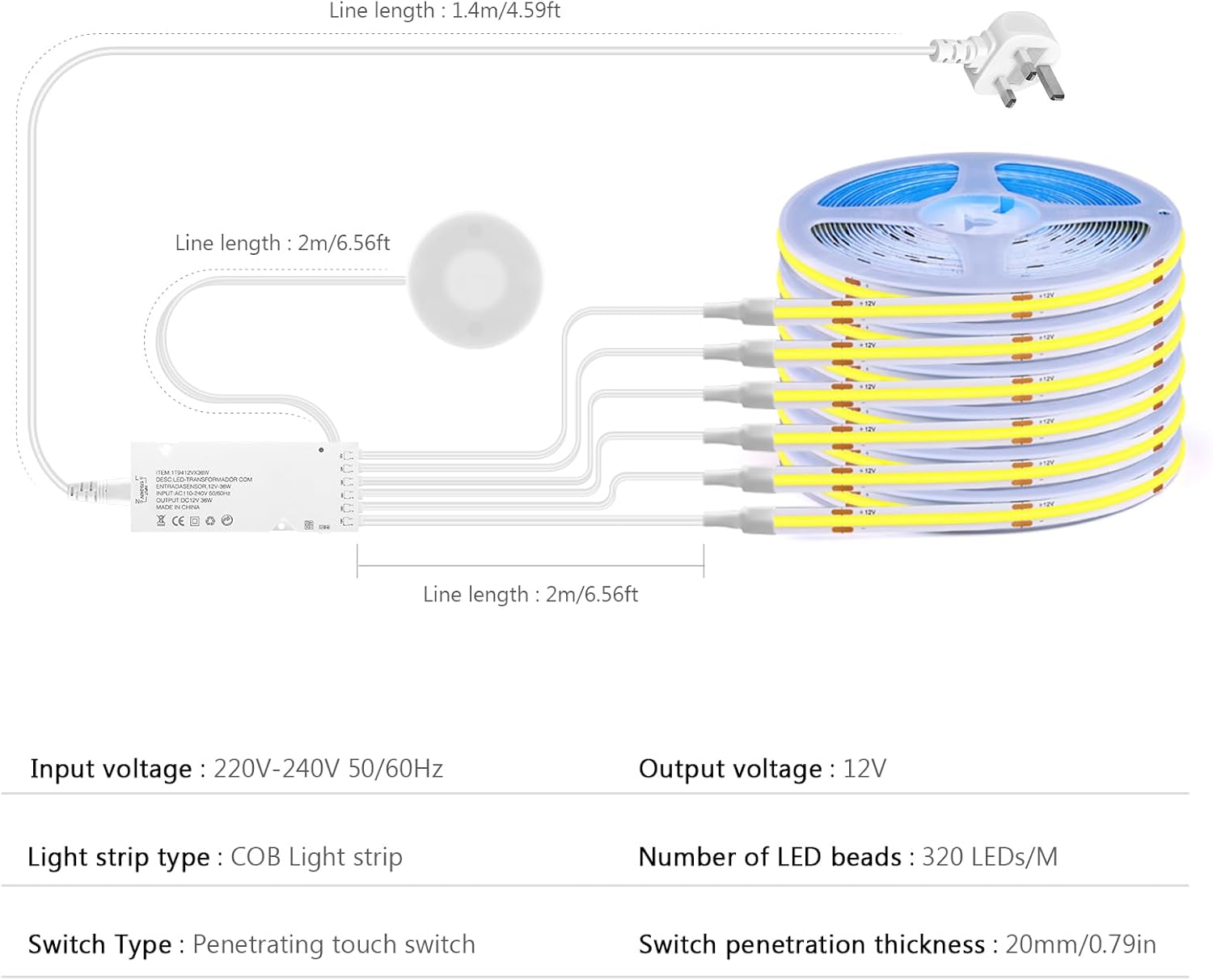 12V COB Cool White LED Strip Lights Kit with Touch & Hand Sweep Dimmer Switch