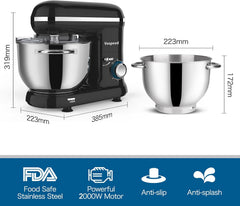Food Mixer Dough Blender 6.2L 2000W Electric Stand Mixer – Cake Mixer with Bowl, Beater, Hook, Whisk & Spatula – Black