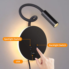 Black adjustable desk lamp with labeled switches on a gray background