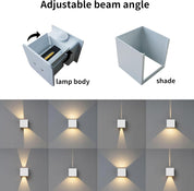 Light fixture with adjustable beam angle, showing lamp body and shade, and demonstrating light direction on a wall.