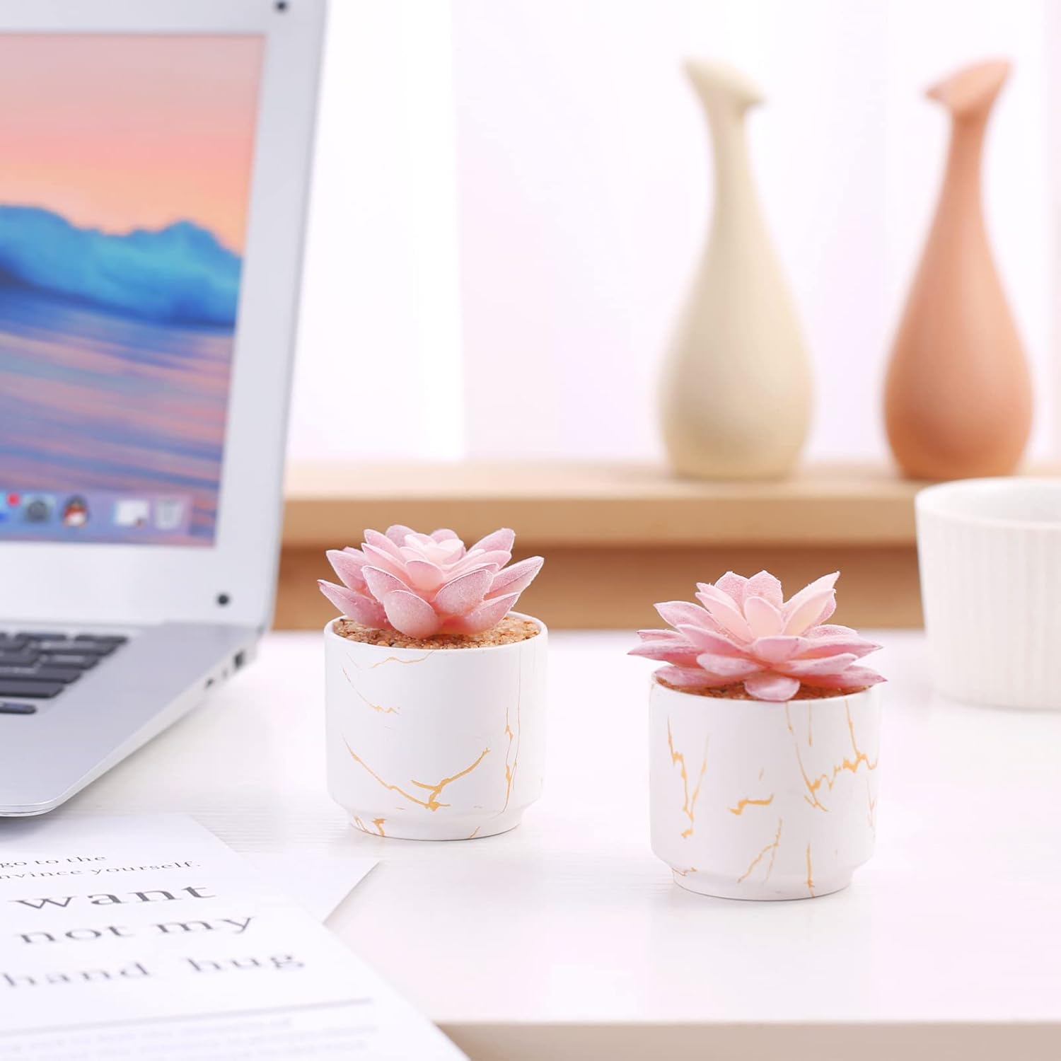 ZENIDA Artificial Succulent Plants in White Pots – Small Fake Décor for Home & Office