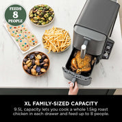 Double Stack XL Air Fryer with Dual Drawers, 9.5L Capacity, 6 Cooking Functions, 4 Levels, Space-Saving Design – Grey