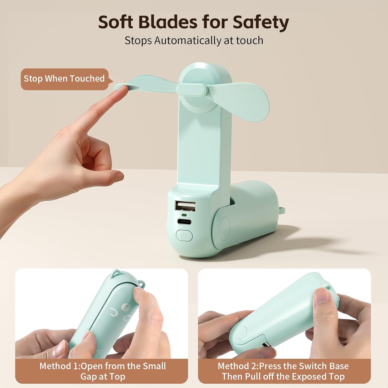 Mini Handheld Fan,USB Rechargeable 3 IN 1 Personal Cooler Fans with Power Bank,LED Flashlight,Small Foldable Pocket Fan-Travel & Emergency Essentials for Outdoor Portable Cooling Fan (Cyan)