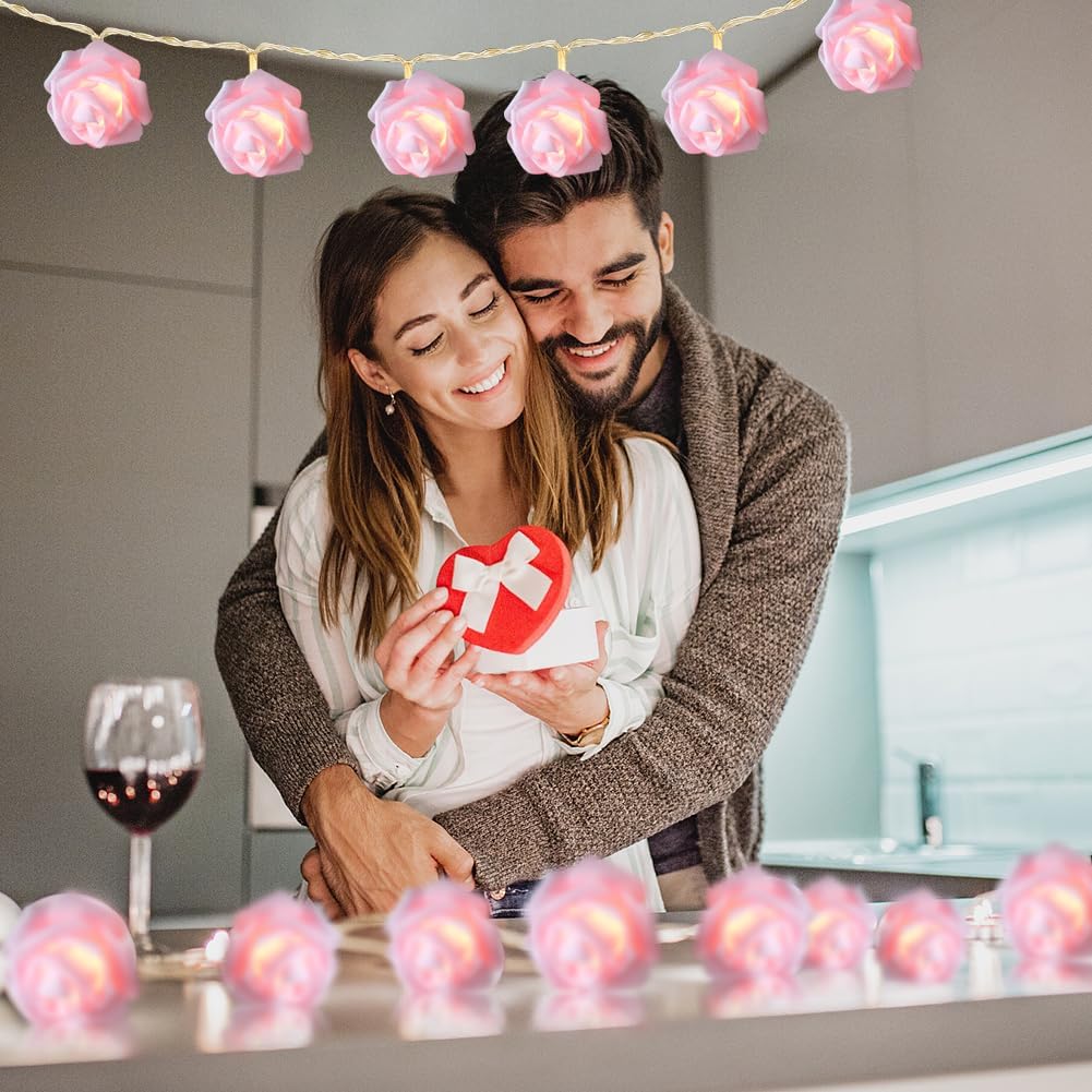 Pink Rose Flower Fairy String Lights 6M with 40 LEDs, Battery Operated Decorative Lights for Romantic Décor