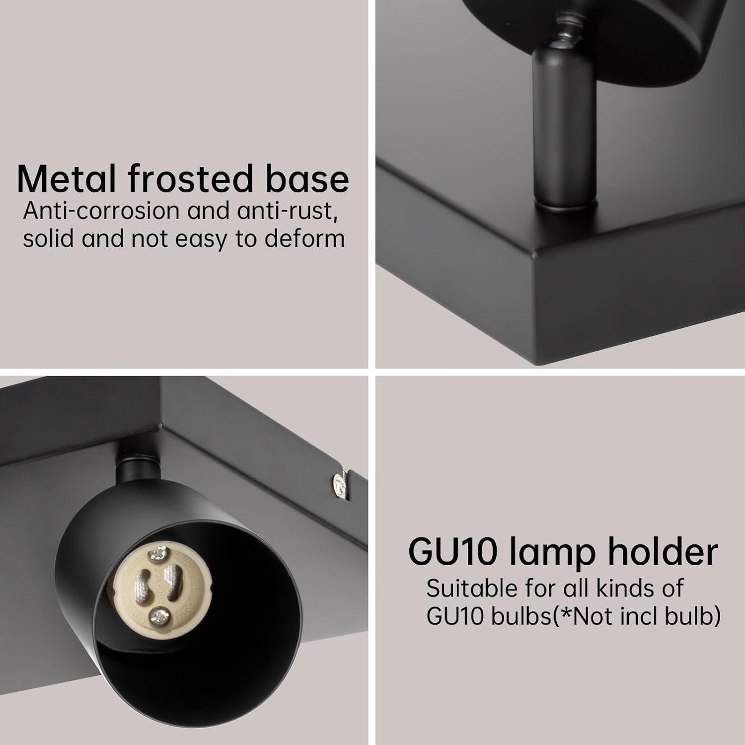 Black metal light fixture with GU10 lamp holder on a gray background