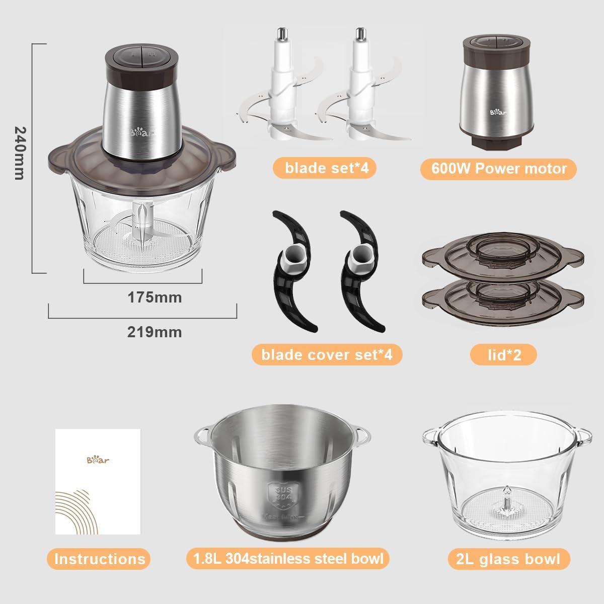 Bear 600W Food Processor & Chopper, 2L Glass + 1.8L Steel Bowl, 2 Speeds, 4 Blades