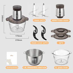 Bear 600W Food Processor & Chopper, 2L Glass + 1.8L Steel Bowl, 2 Speeds, 4 Blades