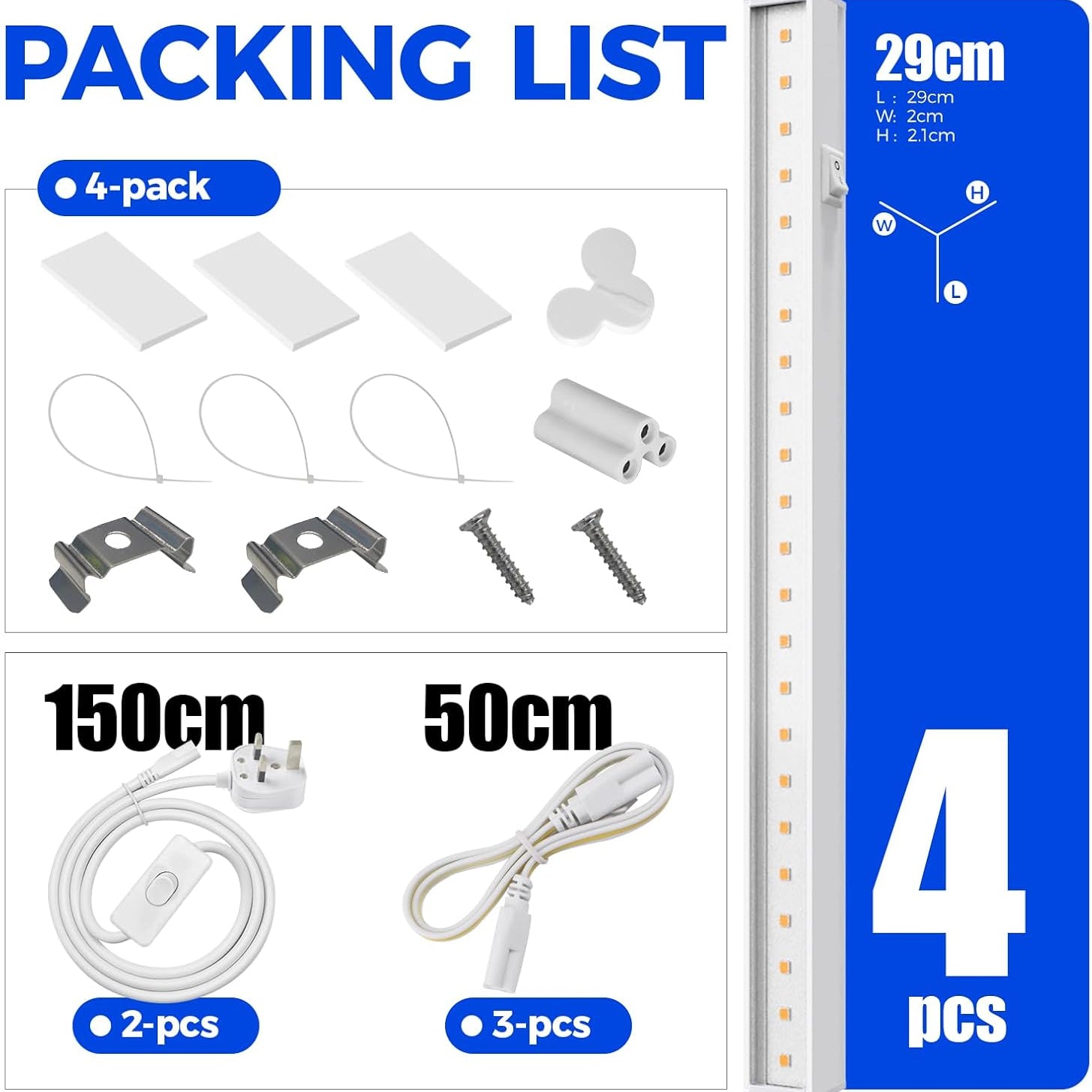 Packing list for a LED light strip with components and dimensions.